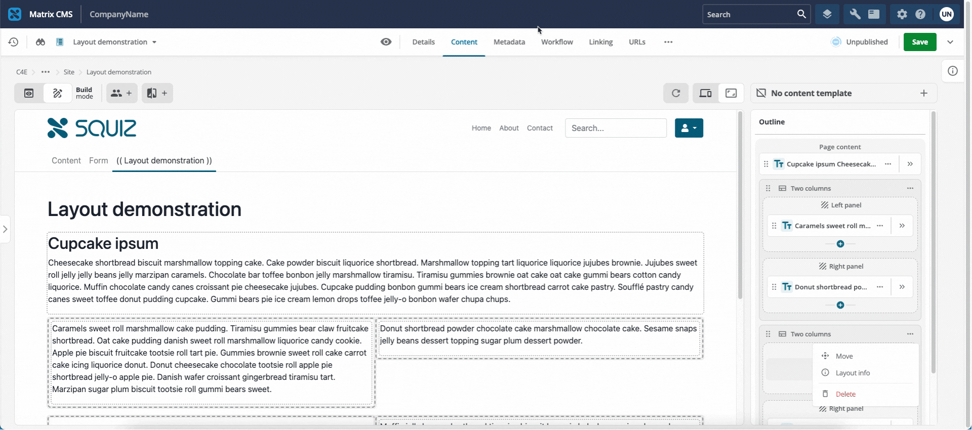 Screen capture showing how to delete a layout from a page.