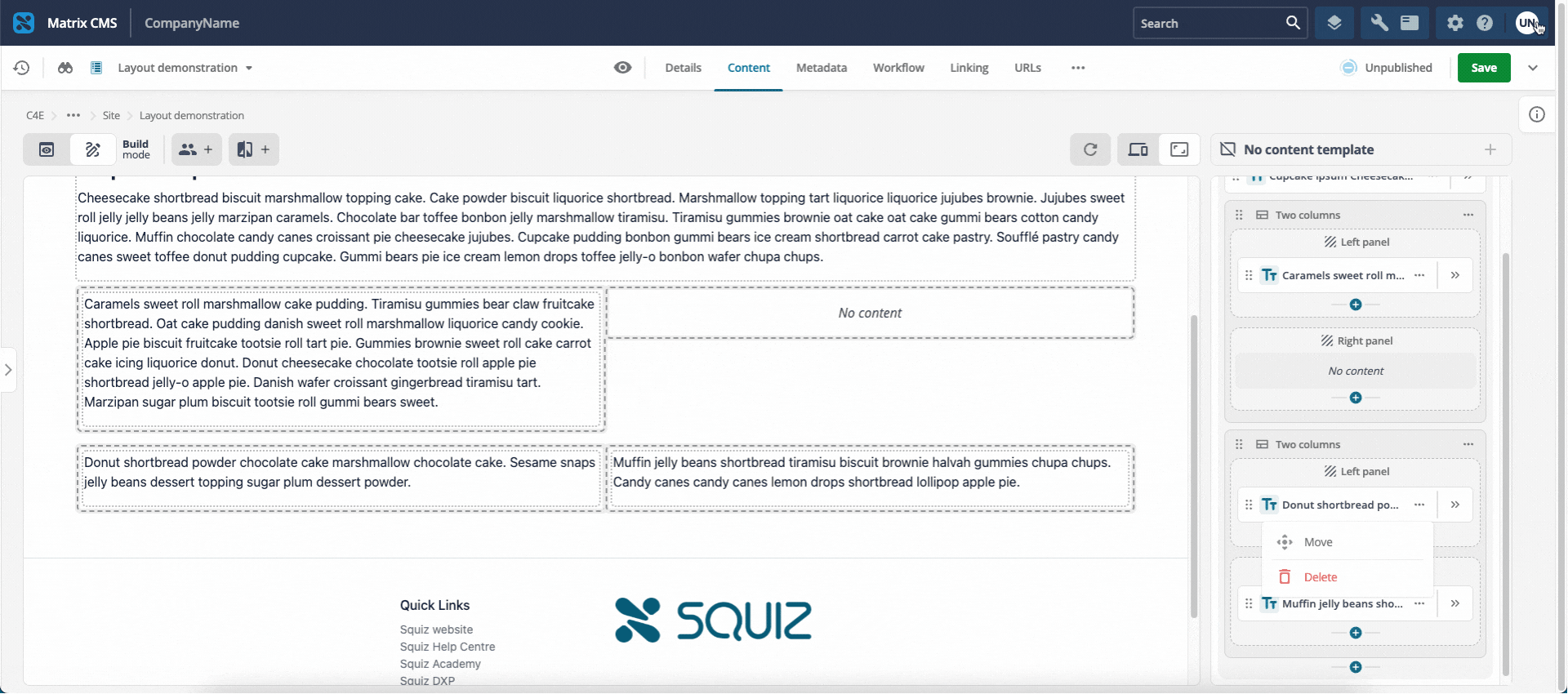 Screen capture showing how to move content blocks between layout zones.