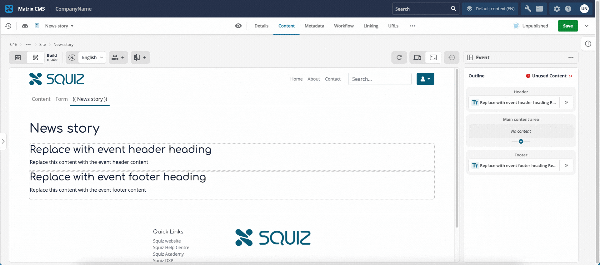 The Unused content link in the Outline panel