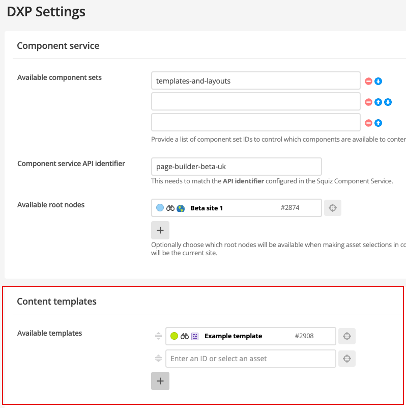 The Content Templates settings in the DXP settings