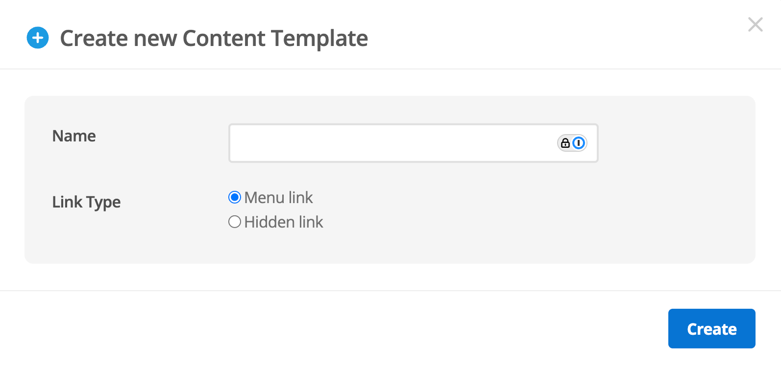 Modal showing Content Template creation form with name field and Create button