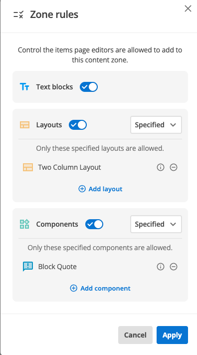 Zone rules configuration interface showing content type restrictions and component selection