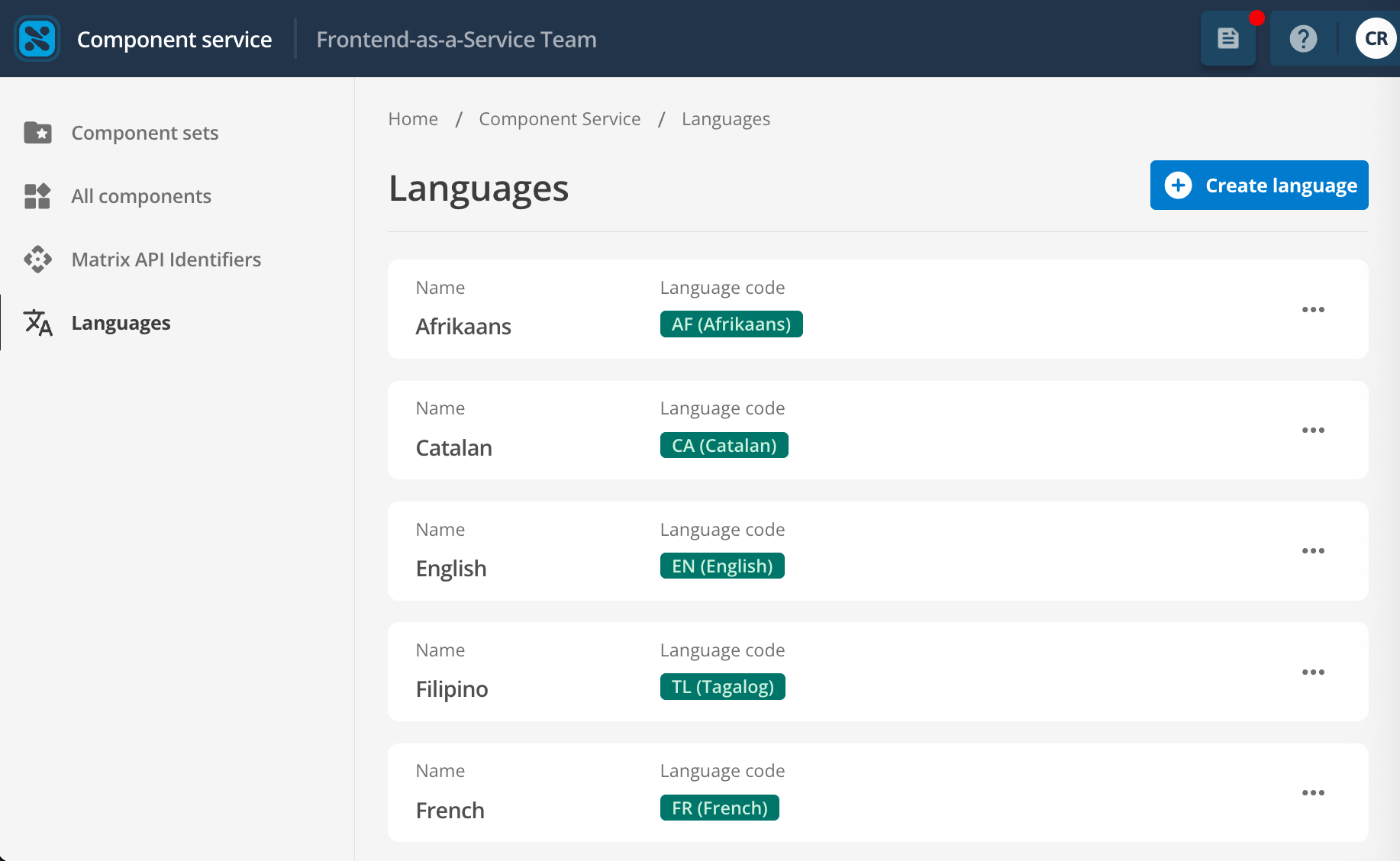 languages configuration page