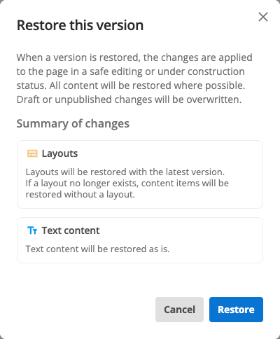restore this version dialog layouts and text content