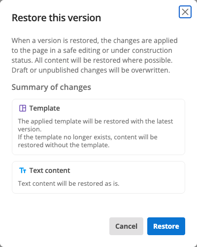 restore this version dialog template and text content