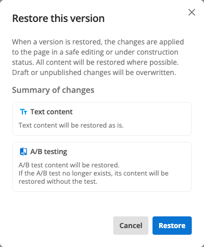 restore this version dialog text content and a b testing