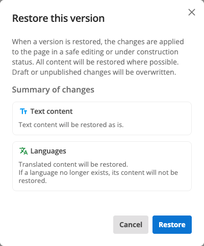 restore this version dialog text content and page translations