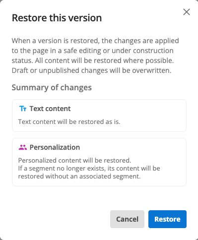restore this version dialog text content and personalization