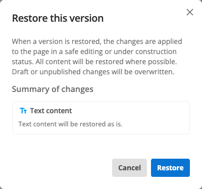 restore this version dialog text content