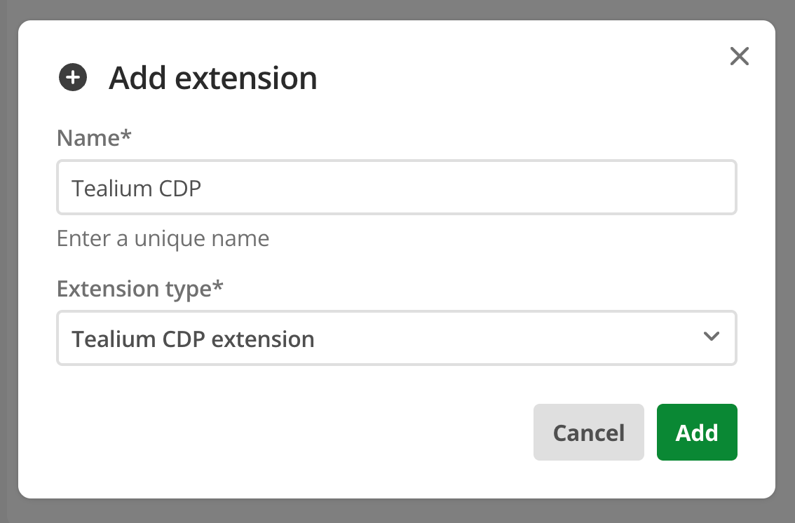 The Create an extension modal with Tealium CDP selected.