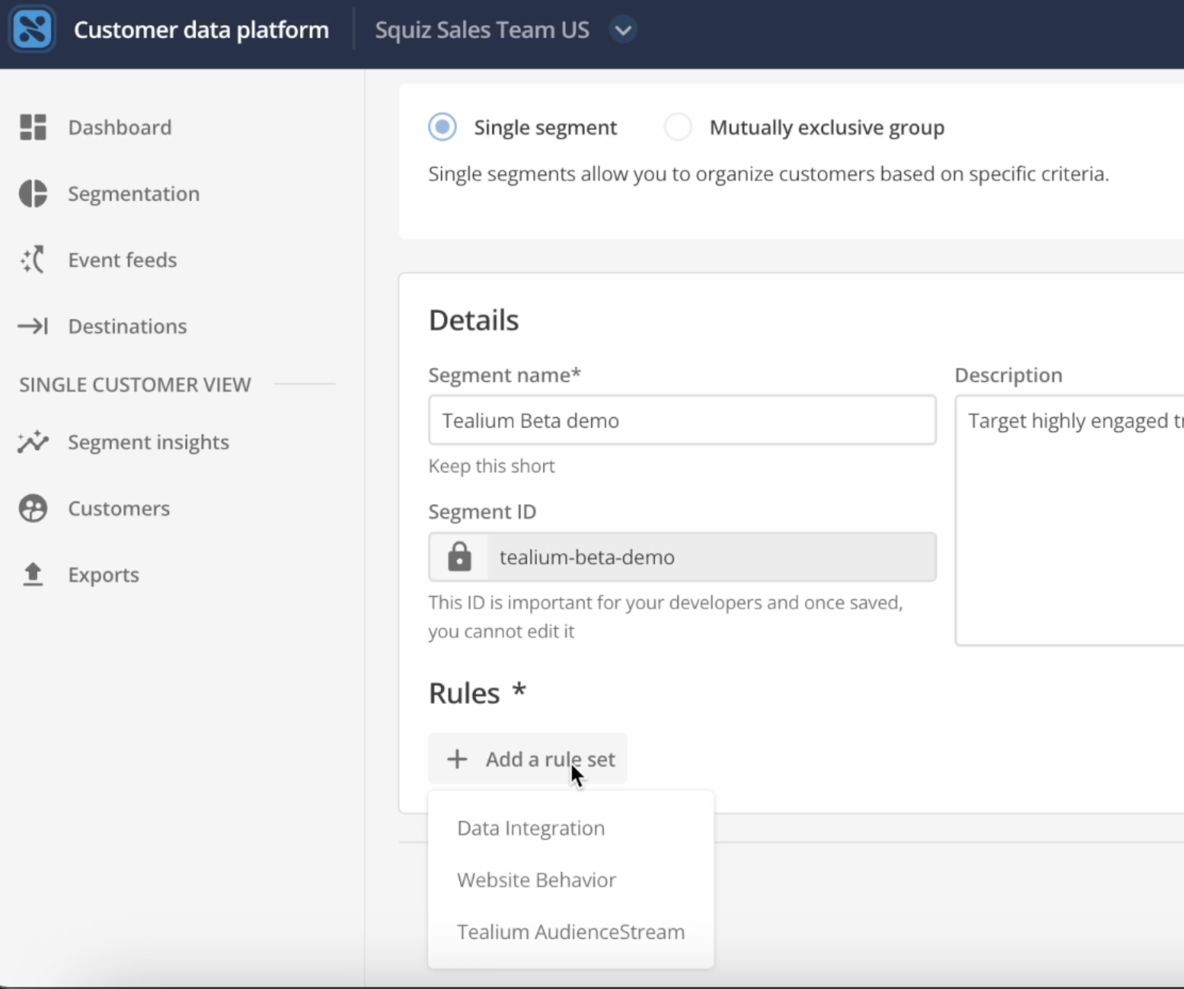 tealium cdp segment creation interface
