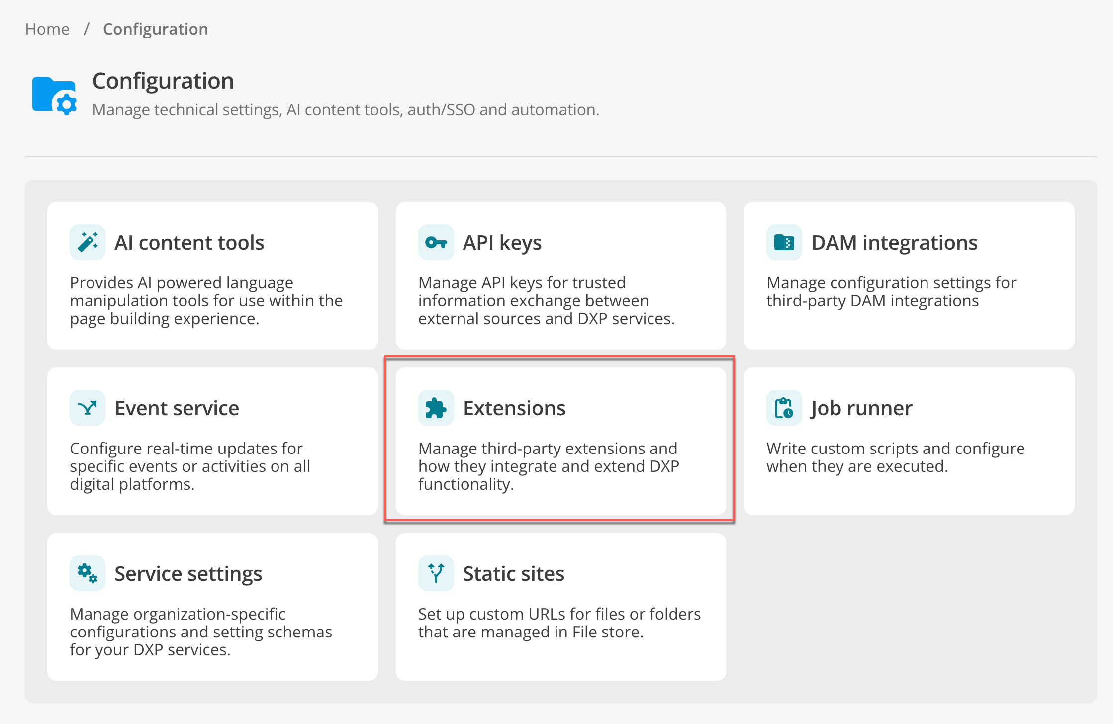 Extensions tile highlighted in the DXP Configuration menu.