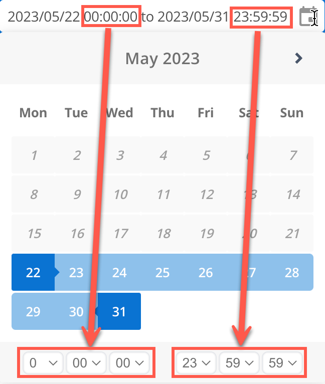 Date selector with the start and end range display linked to the UI element that controls them
