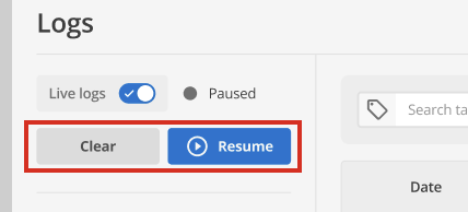 Clear and Pause buttons in the Live Logs interface