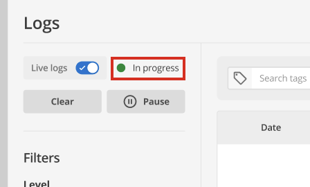 In progress indicator showing Live Logs are active
