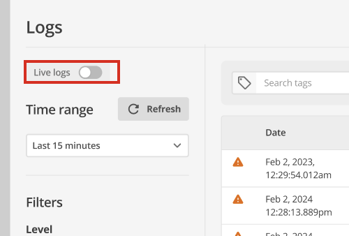 Live Logs toggle button in the Logs Service UI