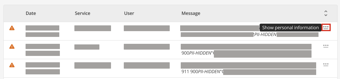 A log sample showing obfuscated data and the PII toggle.